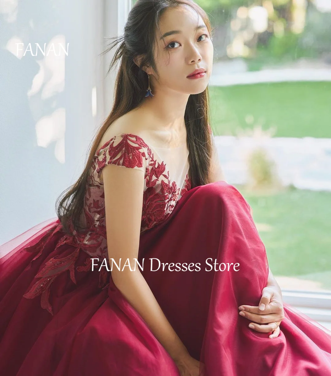 

FANAN Tulle Evening Party Dresses Korea Burgundy Ruched Appliques Fairy Elegant Wedding Women Formal Gowns Event Prom Gowns