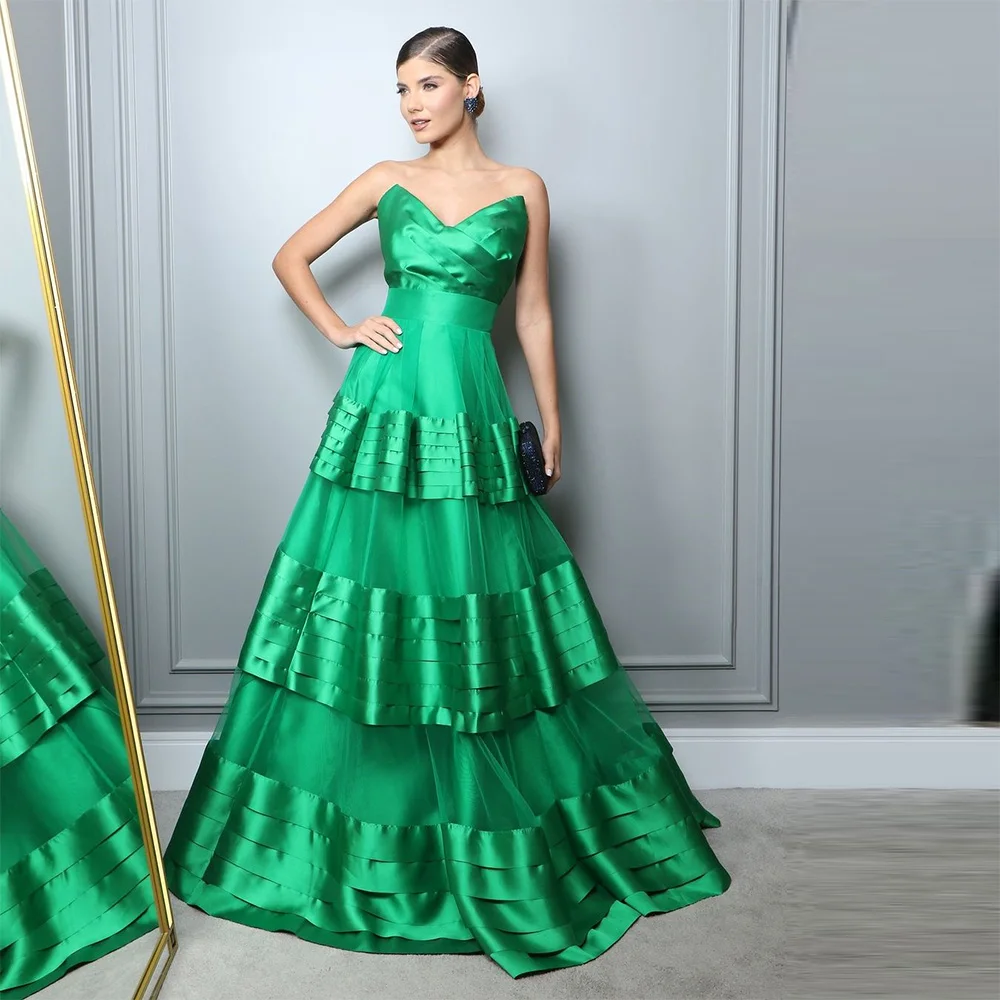 

Sevintage Green Prom Dresses Sleeveless Tiered Ruffles Pleat Ruched A-Line Saudi Arabic Evening Gowns Special Occasion Gown 2023