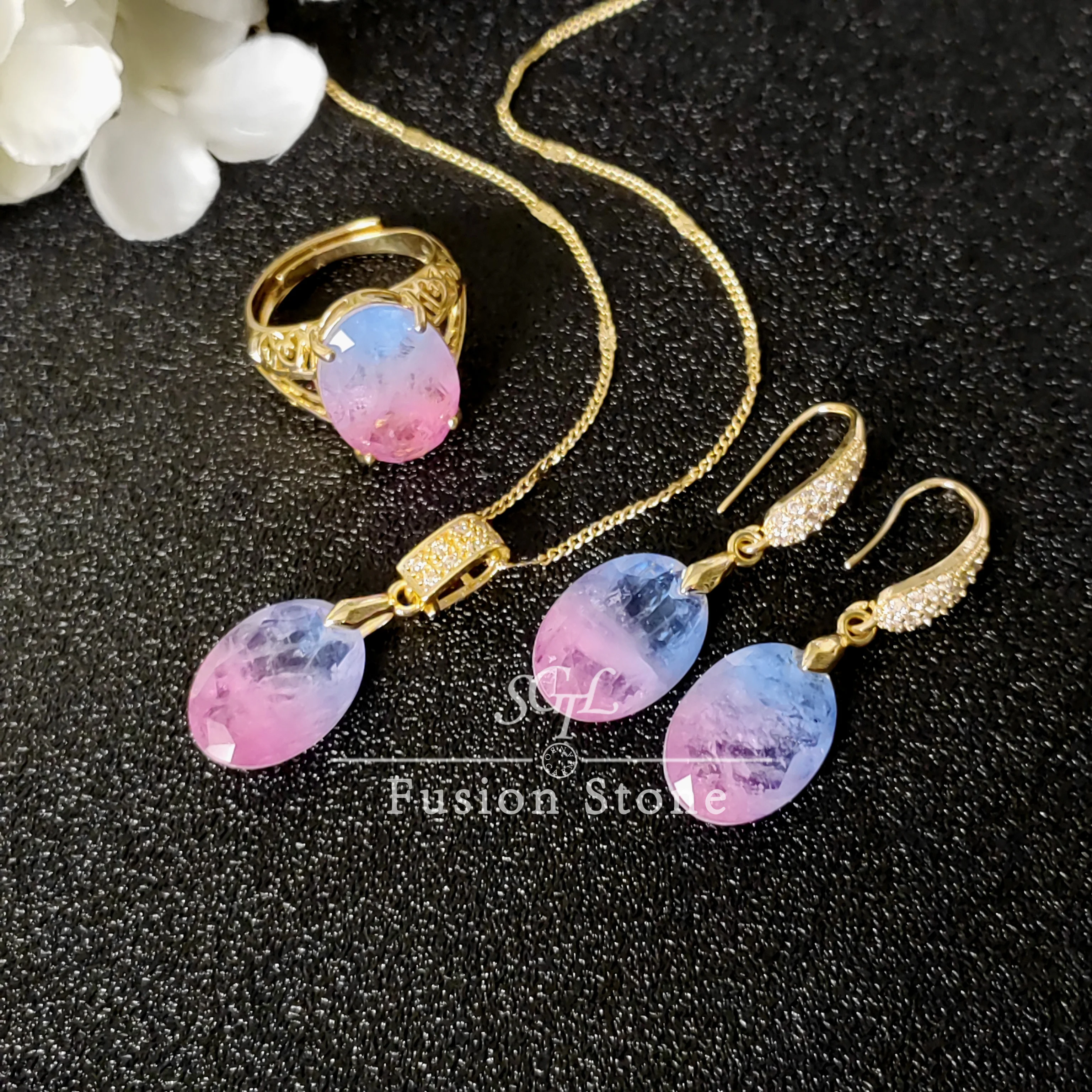 

N8 blue to pink gradient oval Fusion gemstone Copper ring pendant earrings three-piece set Natural texture Jewelry Gift women