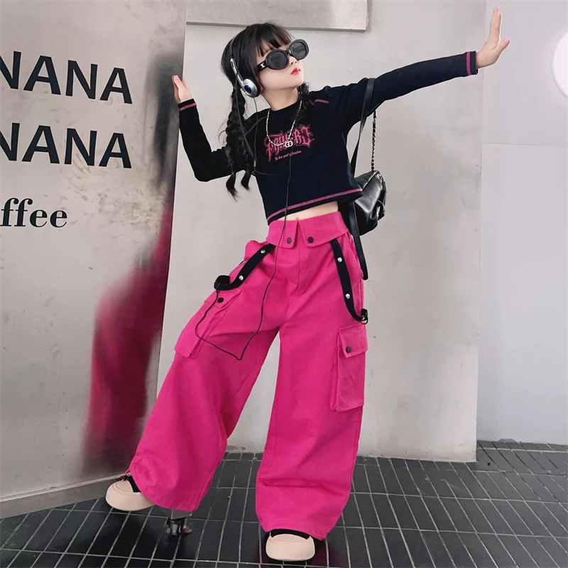 autumn teen girls Street Dance Set cotton t-shirt+pink cargo pants 2pcs junior kids clothes suit child outfits vetement fille 14