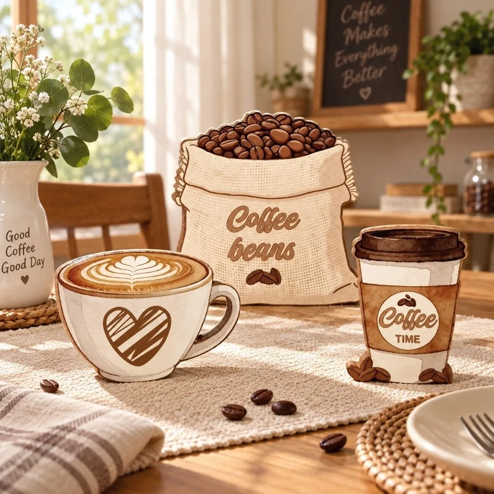 3 pcs Ornament Country style Desktop Ornament Coffee Cup Coffee Beans Decorative Wooden Board Retro Home Decoration Table