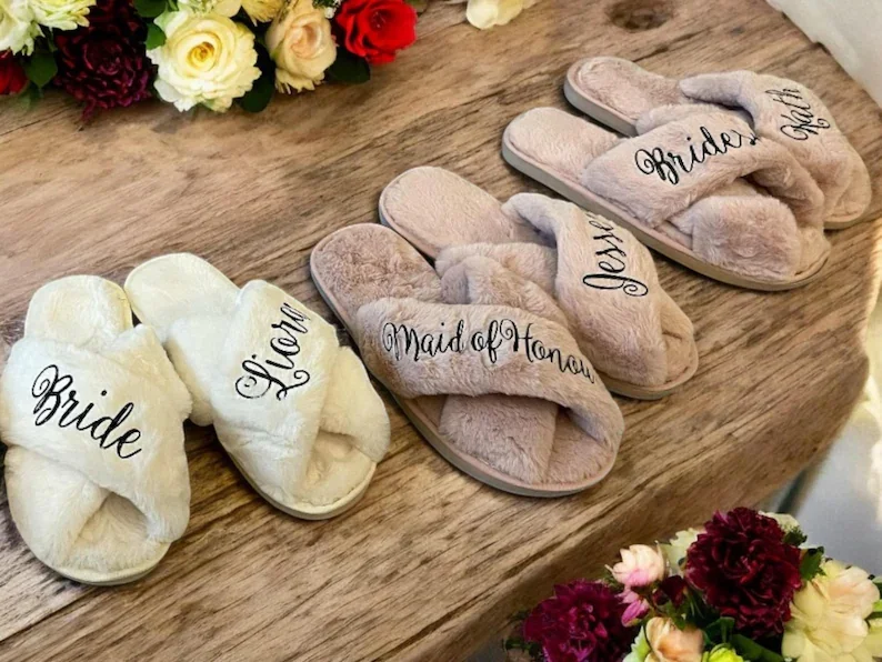 Custom Fluffy Slippers Set for Bridal Party | Personalized Soft Bridesmaid Slippers | Bachelorette Party Gifts | Fluffy Slippers