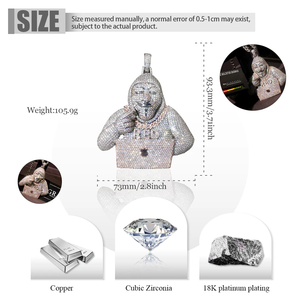 Iced Out Character Mask Pendant Micro Pave Cubic Zirconia 18K Gold Plated 3D Hip Hop Men Necklace Bling Rapper Computer Pendant Sparkling Street Club Charm Urban Rap Accessories Trendy Street Outfit Unisex Bling Fine Jewelry Gifts for Men Boy Friends