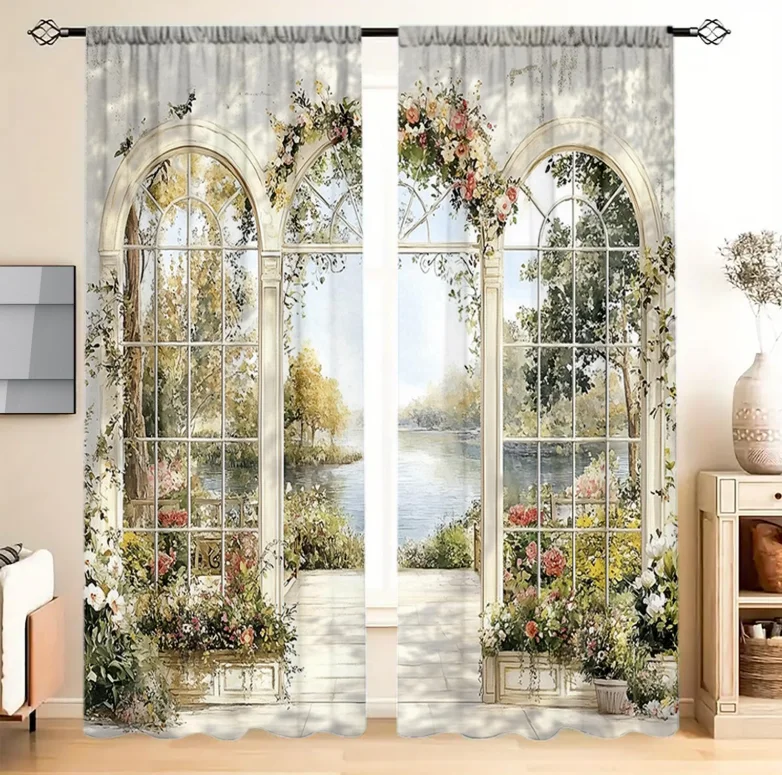 2 Stück Französische Gartenbogen-Gardinen - Aquarell-Landschaftsdruck Fenstervorhänge für Wohnzimmer Schlafzimmer Dekoration