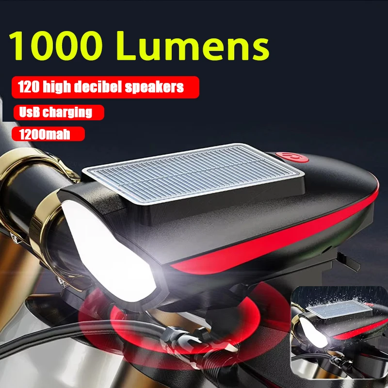 Solar Power Bike Light, Waterproof Bicycle Headlight With 120 Decibel Horn High Brightness, 80 Meters Visible Floodlight Range