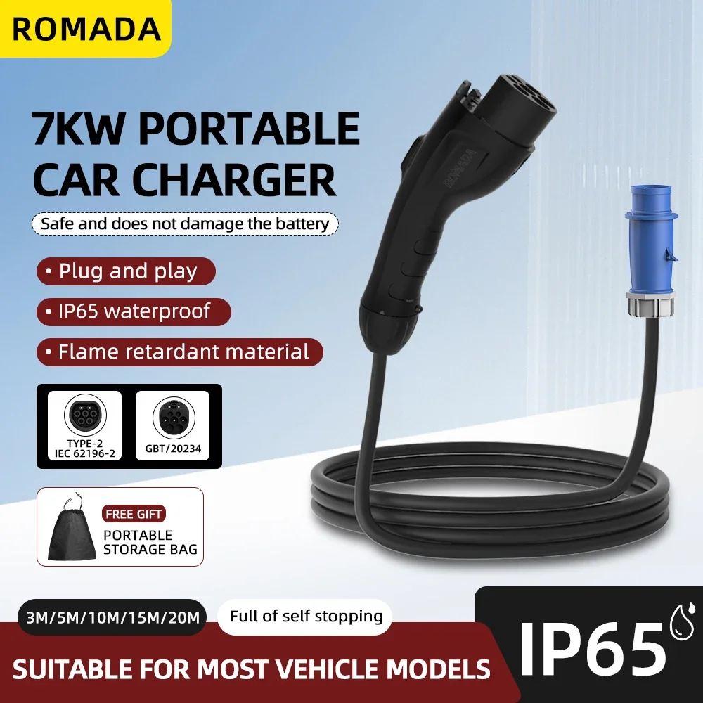 7KW 32A Portable Electric Vehicle EV Charger with 3M-20M Cable GB/T20234 EVSE CEE Plug Wallbox Adapter for Electric Cars