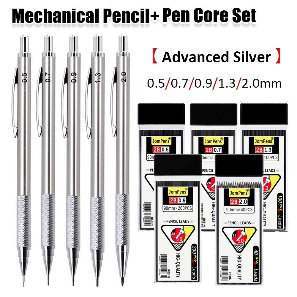 

0.5 /0.7/ 0.9 /1.3/ 2.0mm Metal Anti Slip Mechanical Pencil Set Black Lead Core Painting Writing School Office Stationery