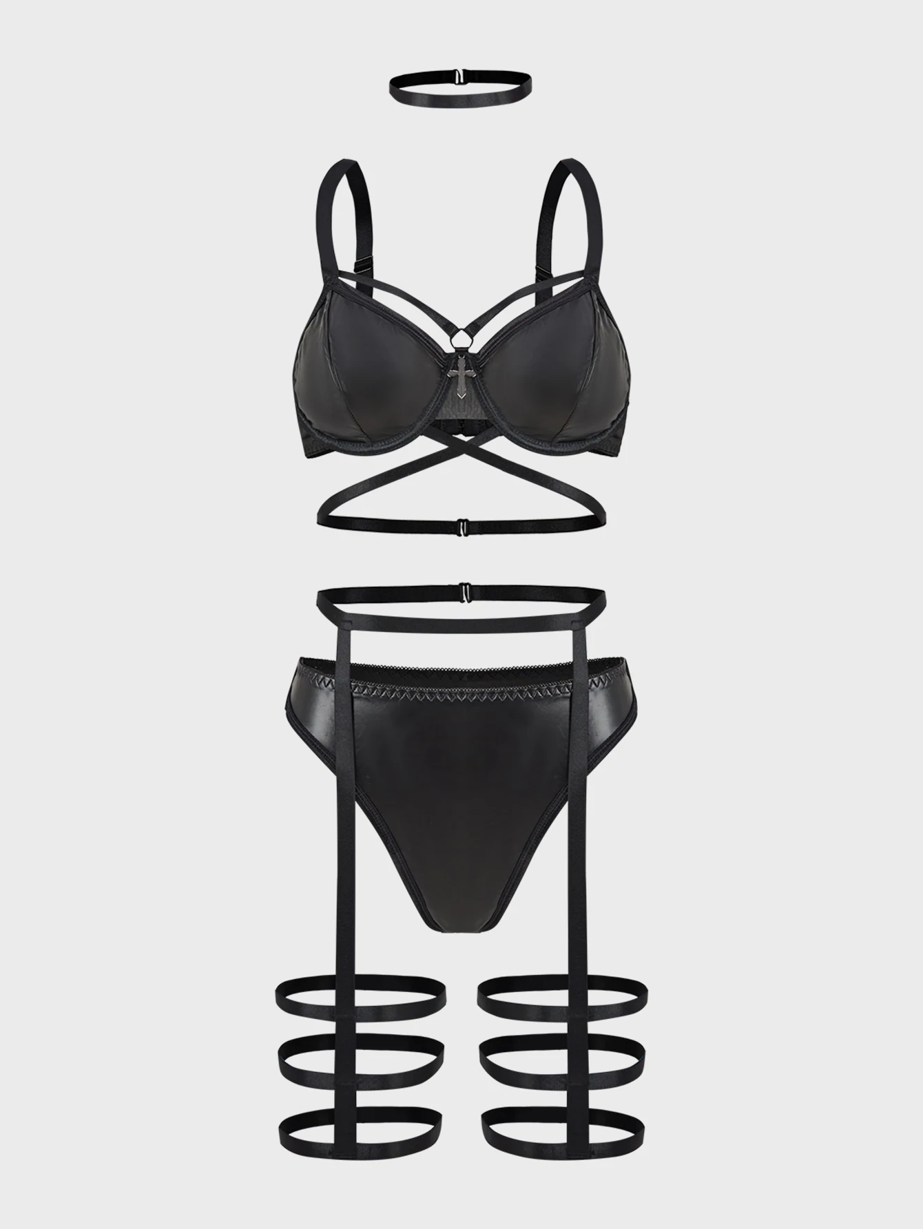 PU Leather Hanging Neck Bra Set Three-Piece Sexy Lingerie Underwear Ensemble for Women