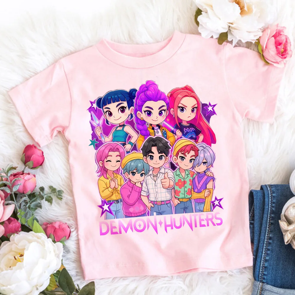 2025 Summer Kpop Demon Hunters T Shirt Kids Cartoon Anime Meme Print Clothes Round Neck Basic Boys Tops Casual Shirts Gift image 3