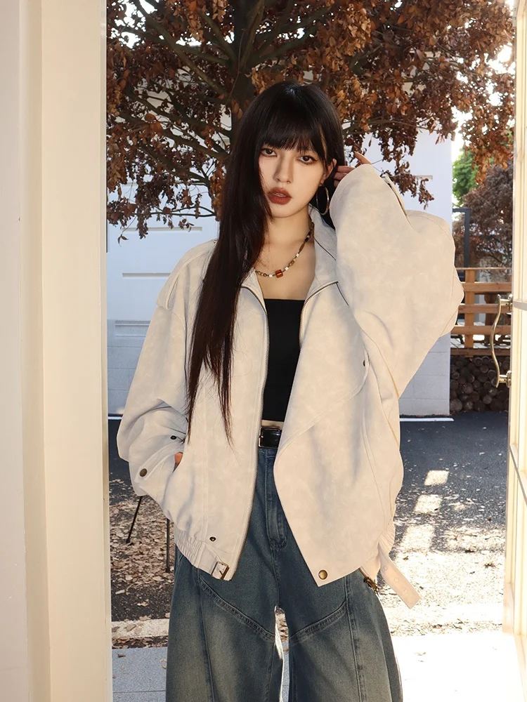 Jaqueta Feminina de Couro PU Macio, Estilo Pudong, Manga Longa, Caimento Solto, Elegante, para Outono Inverno