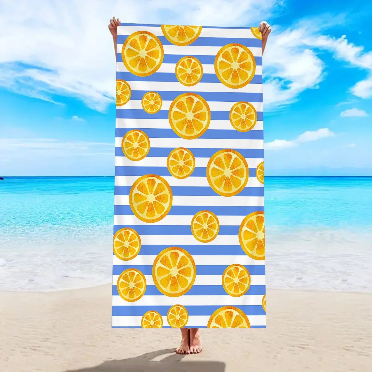 Citrus Lemon Slices Striped Beach Towel Summer Vacation Fruit Pattern Quick Dry Microfiber Towels Swimming Pool Yoga Mat Travel