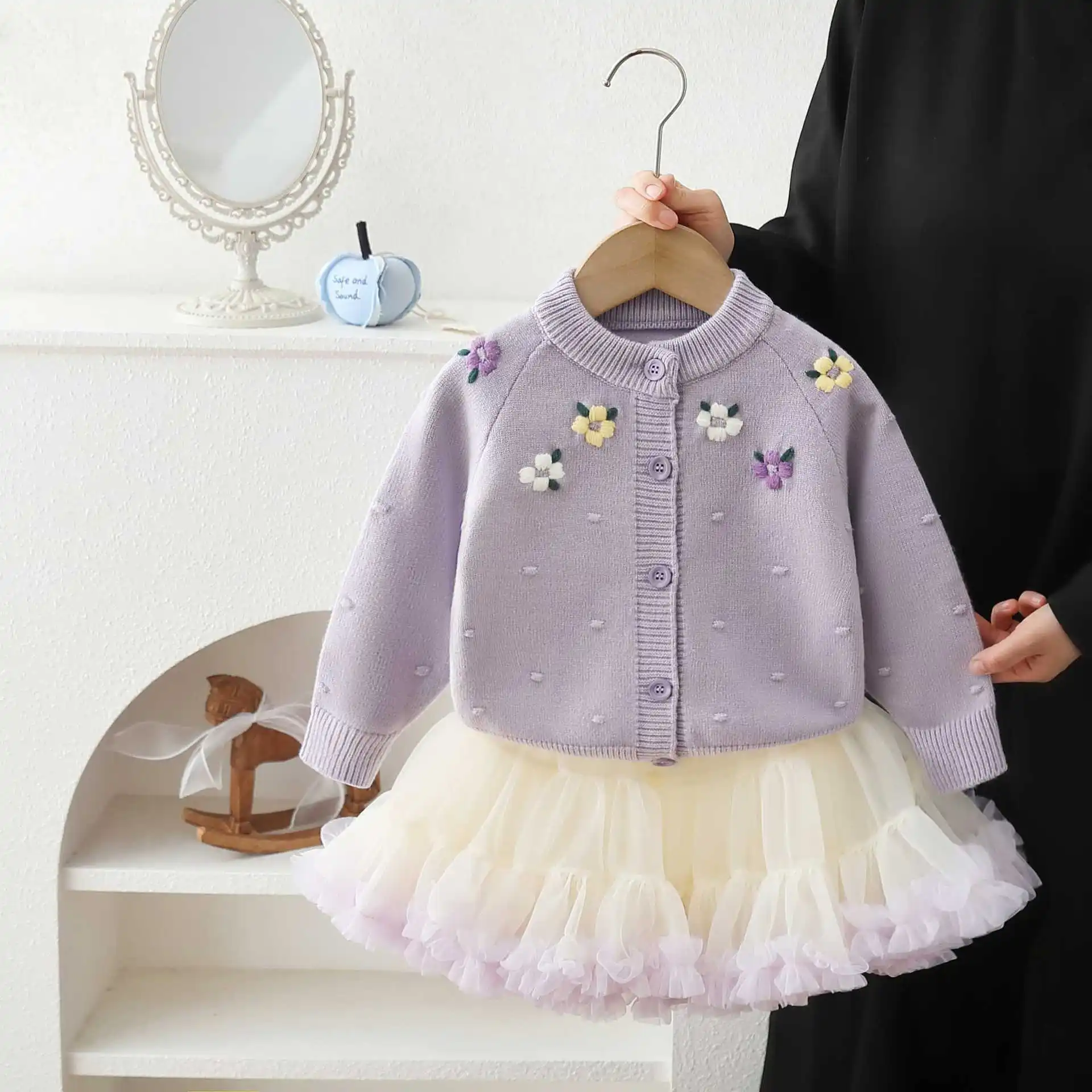 Girls Dress Clothes Sets Spring Autumn Children Woolen Jersey Sweaters Coats Tutu Skirts Princess Suit Baby Knitted Outfits Kids 3