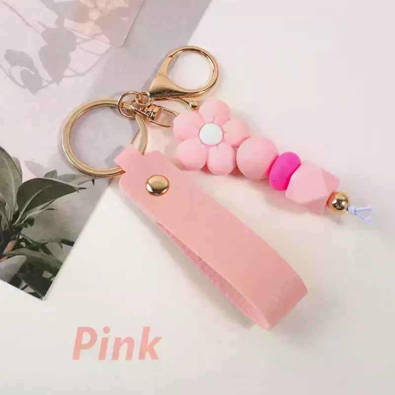 Silicone Beads Flower Keychain Custom PU Leather Lightweight Purse Pendant Cute Gift for Girls Graduation Season