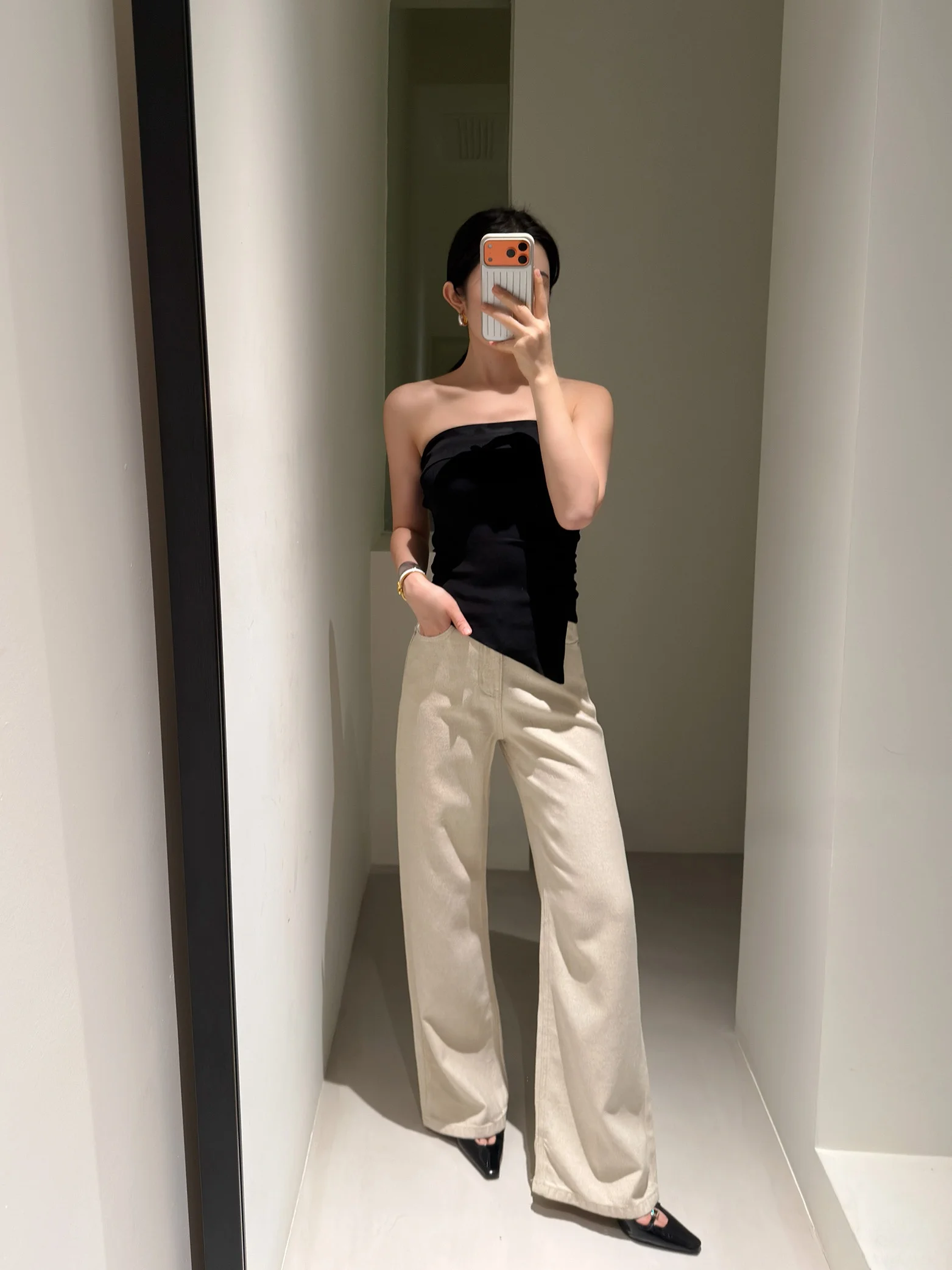 

Jiaoyang High Waist Straight Leg Jeans Soft Draping Silk Hanmaise Pure Color Women's Premium Quality Casual Spring Summer