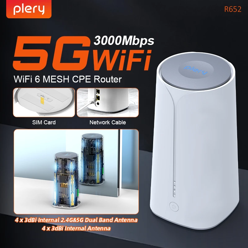 

Plery 5G LTE 3000Mbps Indoor CPE Router With SIM Card EU Plug WiFi 6 MESH Router 5G Router NSA+SA 8×3 dBi 2.5Gbps WAN 4×4 MIMO