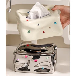 Ceramic Tissue Boxes with Gems Outside Drawer Napkin Holder Case Home Living Room Office Table Tissue Box Decoration Paper Cover