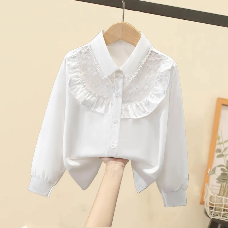 Girls Blouse 2024 Spring Kids Clothes Children Clothing School Girl White Ruffle Blouse Cute Bow Cotton Child Shirt Blusas 2-16Y