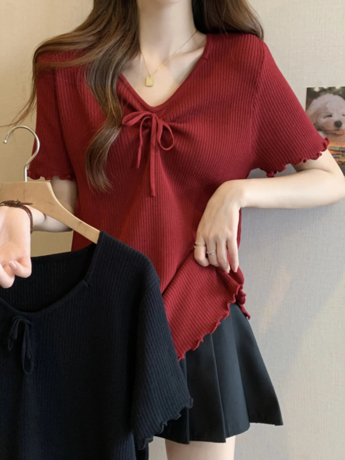 

Slimming Large Size Women's Summer T-irt Ice Silk Knitted V-Ne ort Sve Loose Fit Korean Sle Commute Faion Top