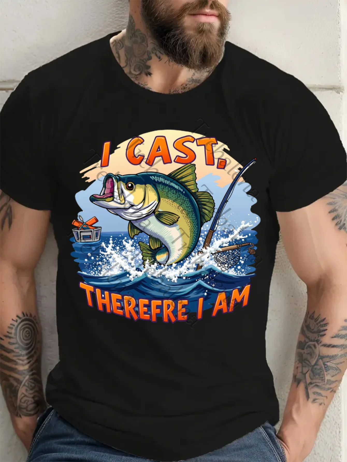 

Мужская футболка с рисунком для рыбалки Cast Therefore I Am Big Bass Fish Design, дышащая хлопковая футболка, летняя юмористический дизайн