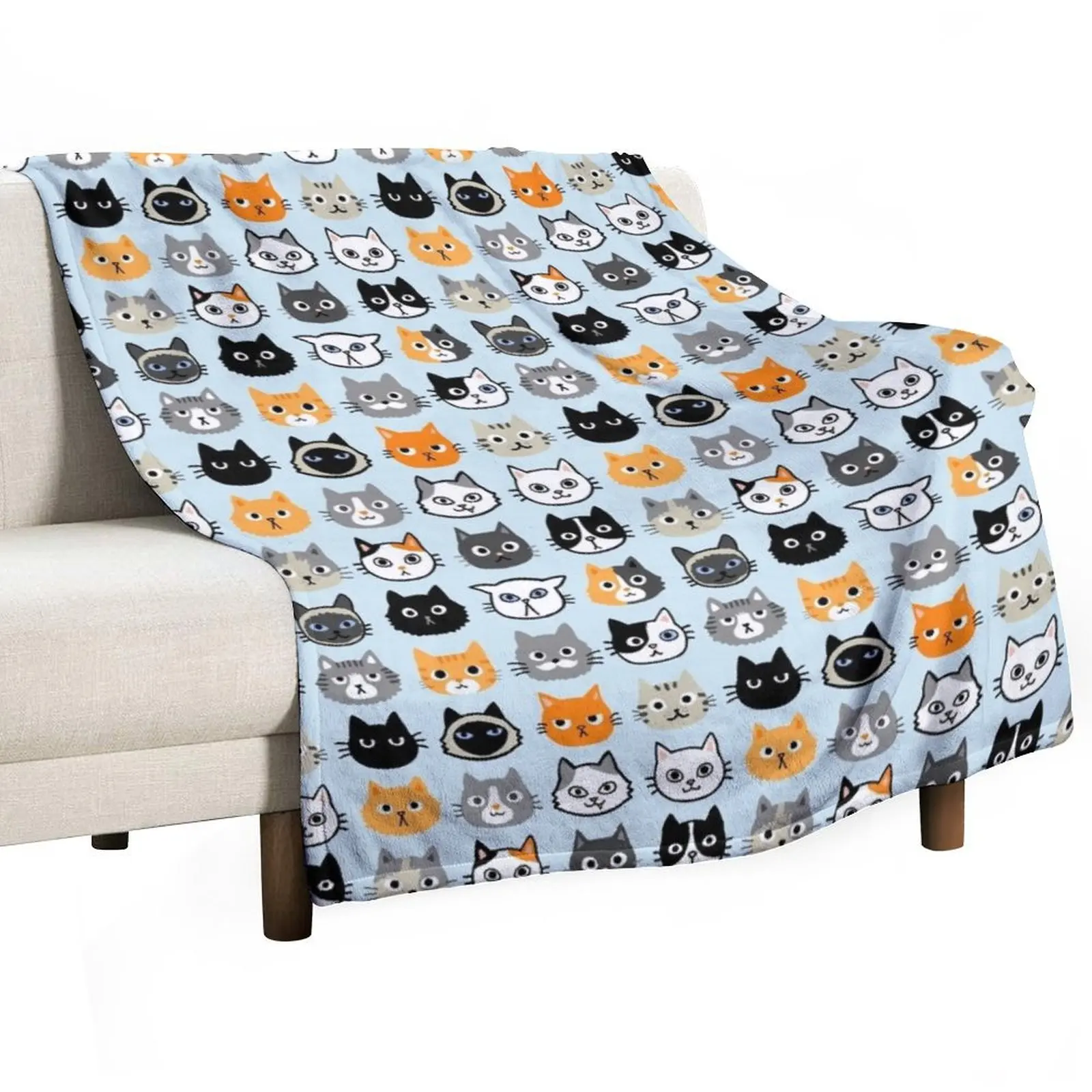 Assorted Cat Faces Cute Quirky Kitty Cat Drawings Throw Blanket Furry anime Decoratives Blankets