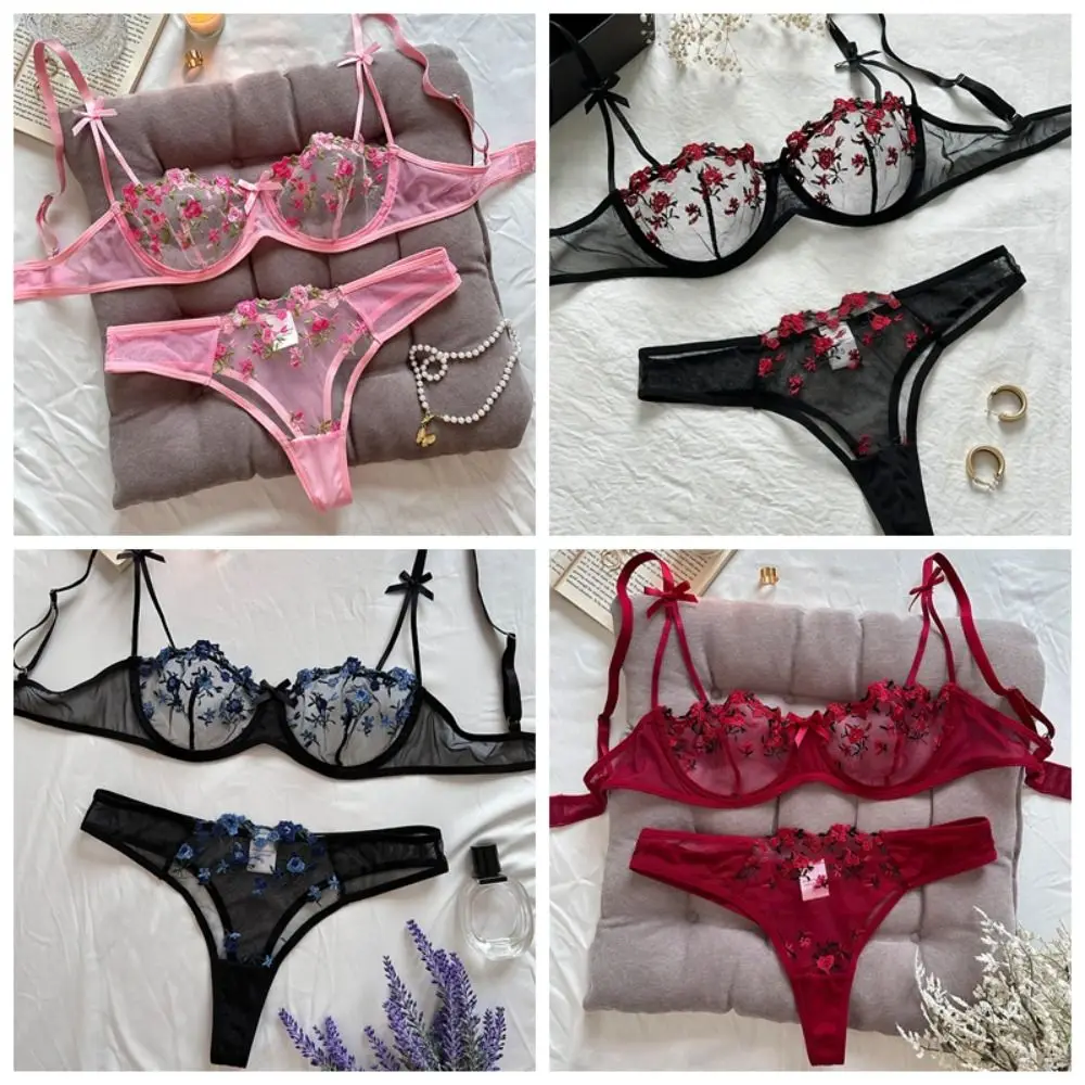 Conjunto de lencería con bordado Floral ultrafino, sujetador de malla transparente transpirable, sujetador sin forro, Tanga de malla Sexy romántica para niñas