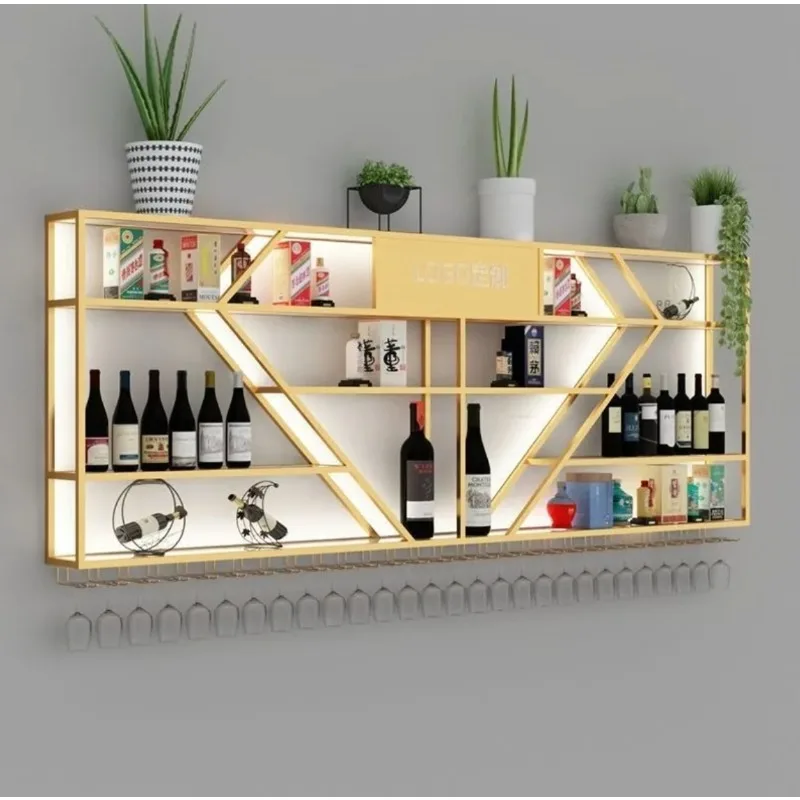 High-end home business bar Wall-mounted wine rack Multi-layer solid wood storage grille Lightweight luxury style