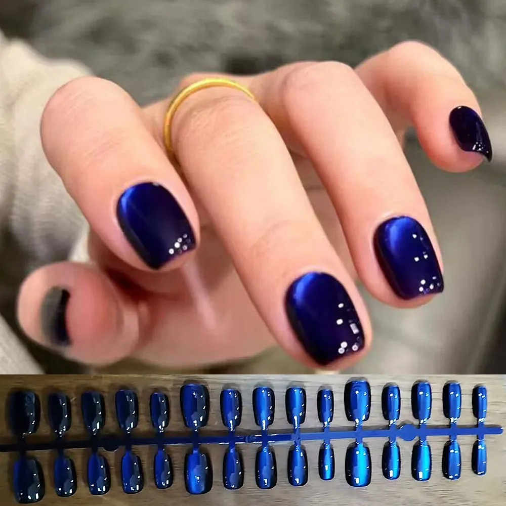 30 Uds. De uñas postizas suaves de ojos de gato azul profundo, cobertura completa, forma corta cuadrada XS/S/M, uñas postizas de Navidad DIY, uñas postizas de invierno
