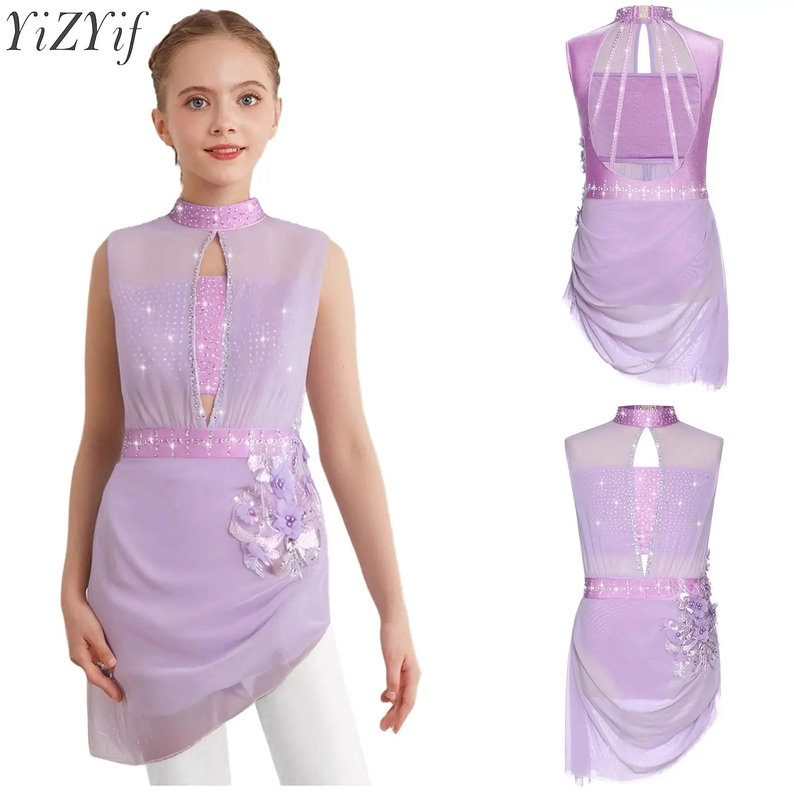 

Kids Girls Figure Skating Dancewear Ballerina Costume Ballet Dress Sleeveless Backless Cutout Sheer Rhinestones Lyrical Dress
