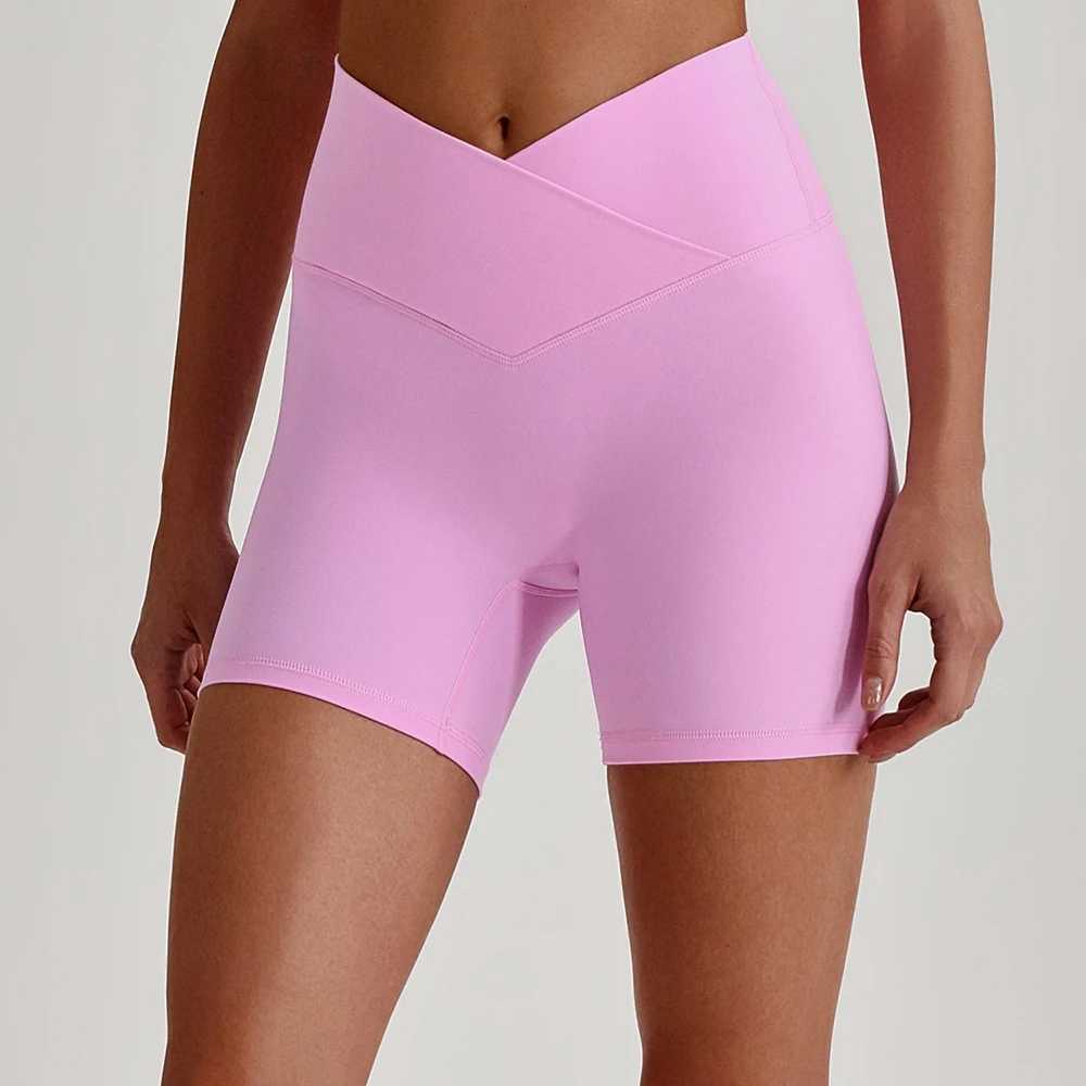 Booty Nylon Yoga Biker Shorts Women V Cross Waist Gym Workout Athletic Shorts No Front Seam Fitness Running Sports Shorts