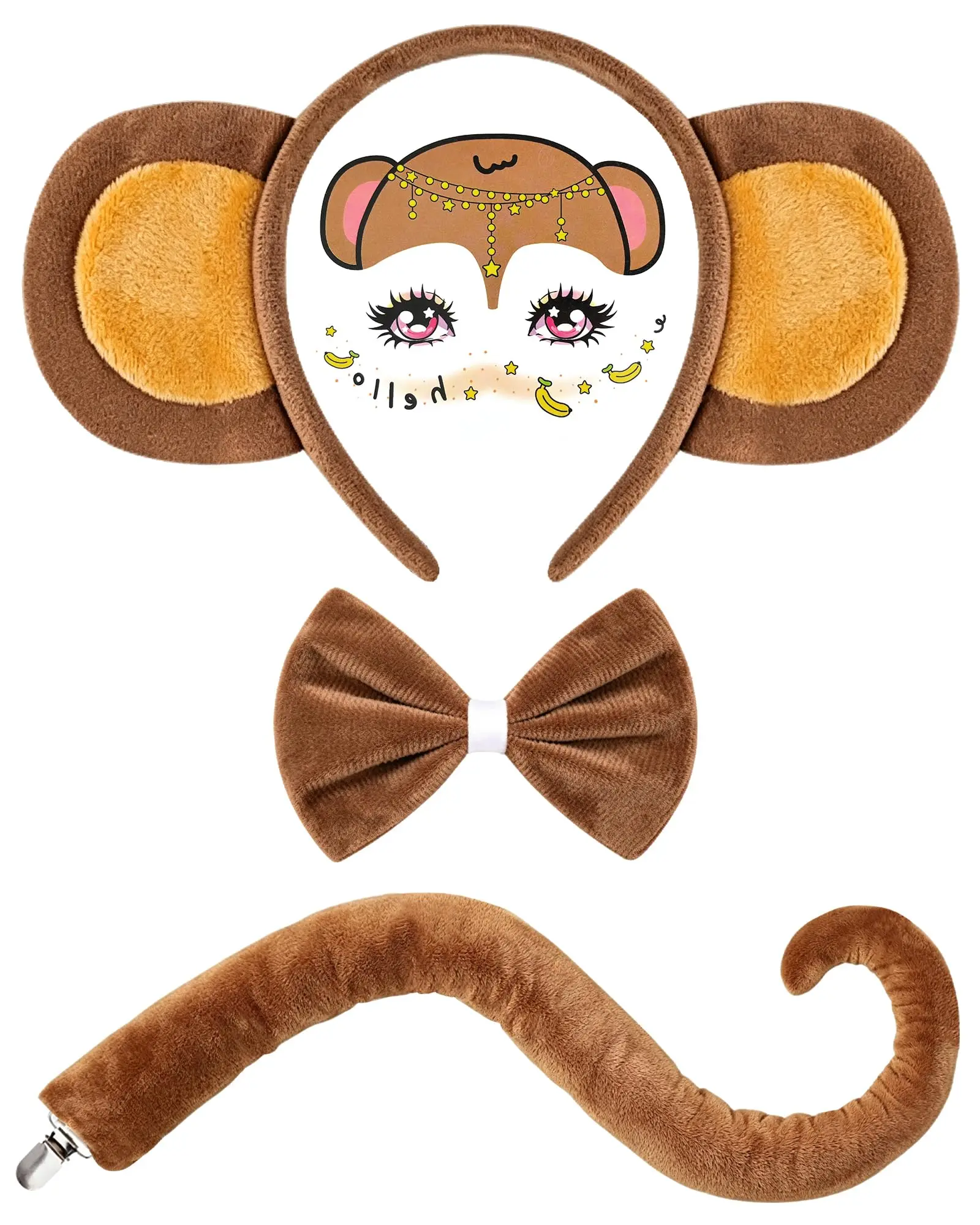 Monkey Ears and Tail Adult Costume Set Brown Headband Bow Tie Face stickers Perfect for Halloween, Christmas, cosplay, jungle-themed parties, school plays, and photo shoots.