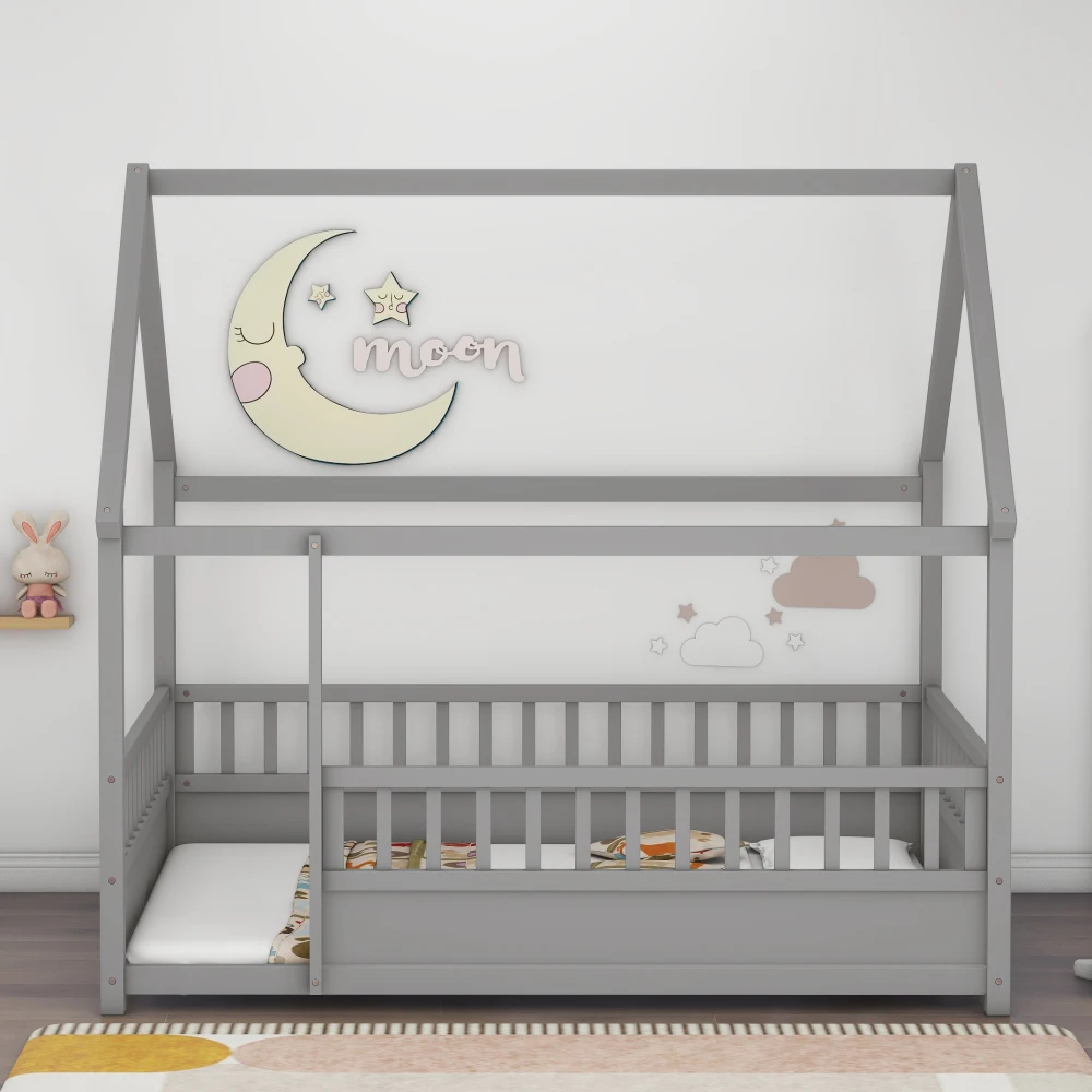 

Full Size Wooden Floor Bed with House Roof Frame Fence Guardrails Children's Furniture Grey