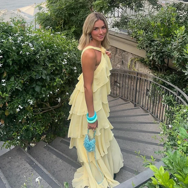 3d flor babados em camadas vestidos femininos elegante chiffon sem costas sem mangas fofo vestido longo 2025 verão nova senhora praia robes