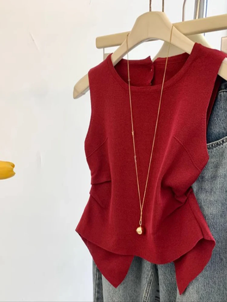 

Red Strapl Vest Women's 2025 Small Size Summer New Faion Top Waist-Cinched Asymmetrical Svel Outerwear