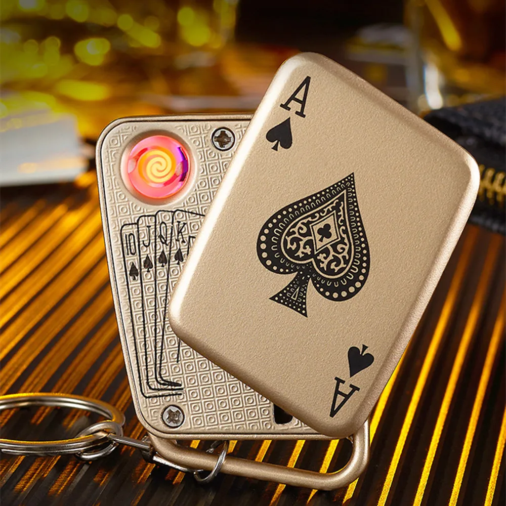 Creative Poker Electric Lighter USB Rechargeable Portable Windproof Key Ring Lighters Smoking Accessories Tools for Men's Gift