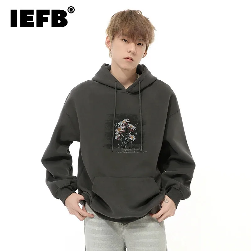 IEFB Vintage Men's Hoodies Casual Floral Priting Hooded Drawstring Tops Loose Big Pockets New Trend Male Sweatshirts Tide 9C7953