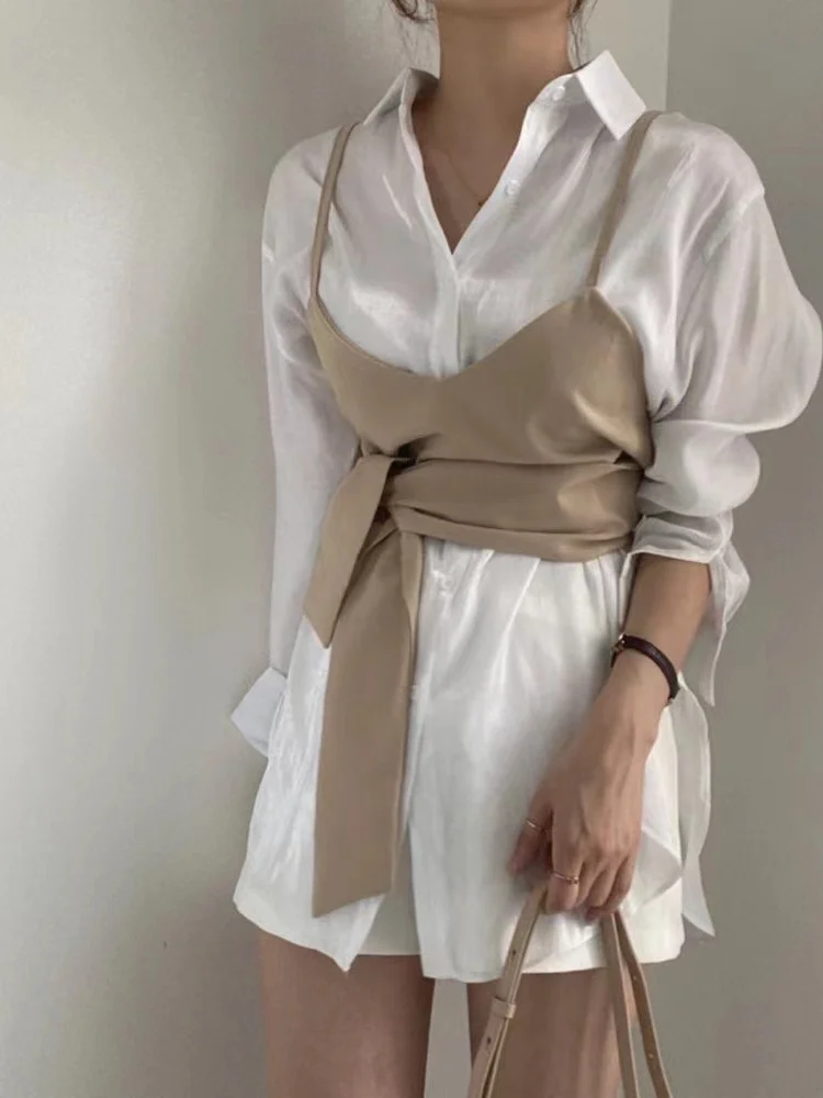 

Women's Belted Long Sve Collared Tank Top Vest Outfit Design Sense Loose Simple Set Cotton Spring Faion Ensemble