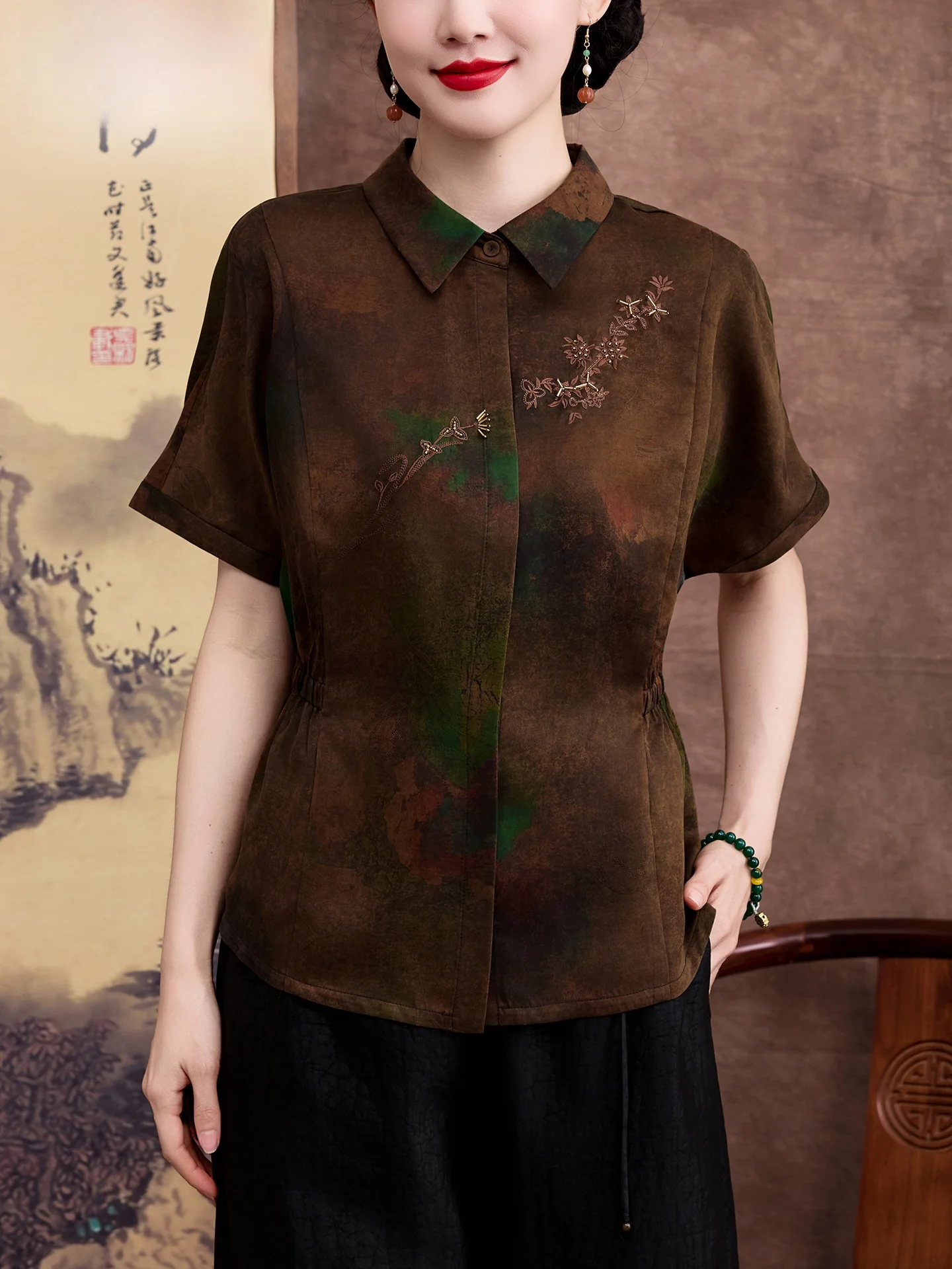Nueva Camisa de Seda Estilo Chino para Mujer, Blusa Estampada Floral de Seda Roux Cloud, Ropa de Mamá, Verano 2026, Corte Holgado, Cuello
