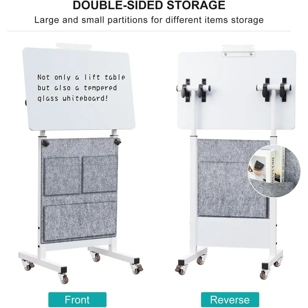 24 مكتب أبيض بارتفاع قابل للتعديل مع زجاج قابل للكتابة، 360 درجة ° دوران، عجلات، حقيبة للمساحات المدمجة والمكتب المنزلي (32-47 ارتفاع) #4