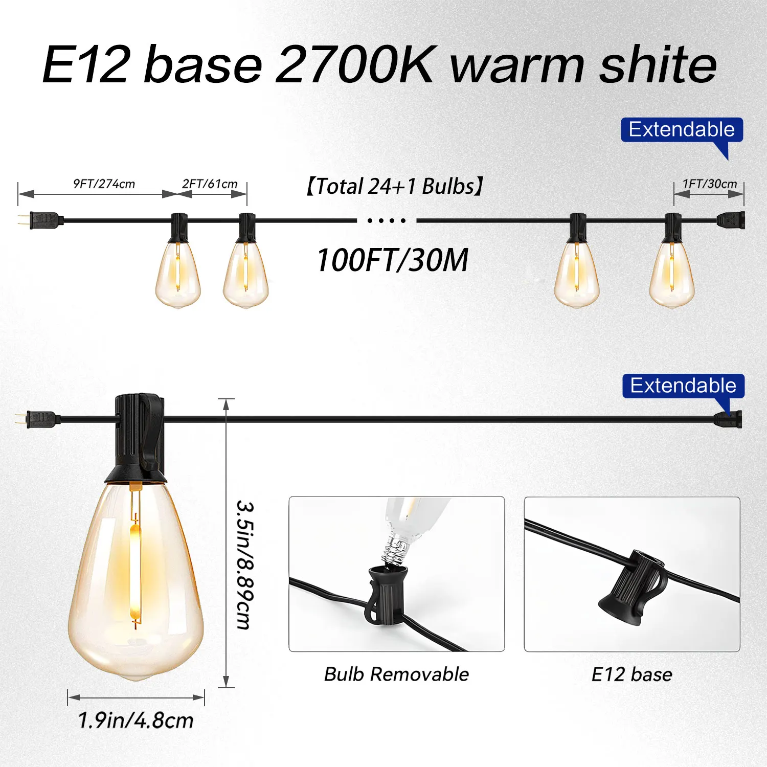 100FT ST38 LED Outdoor String Lights, 2700K Dimmable,Patio Lights with 25Edison Vintage Bulbs, 1W/Bulb, Waterproof Outdoor Light