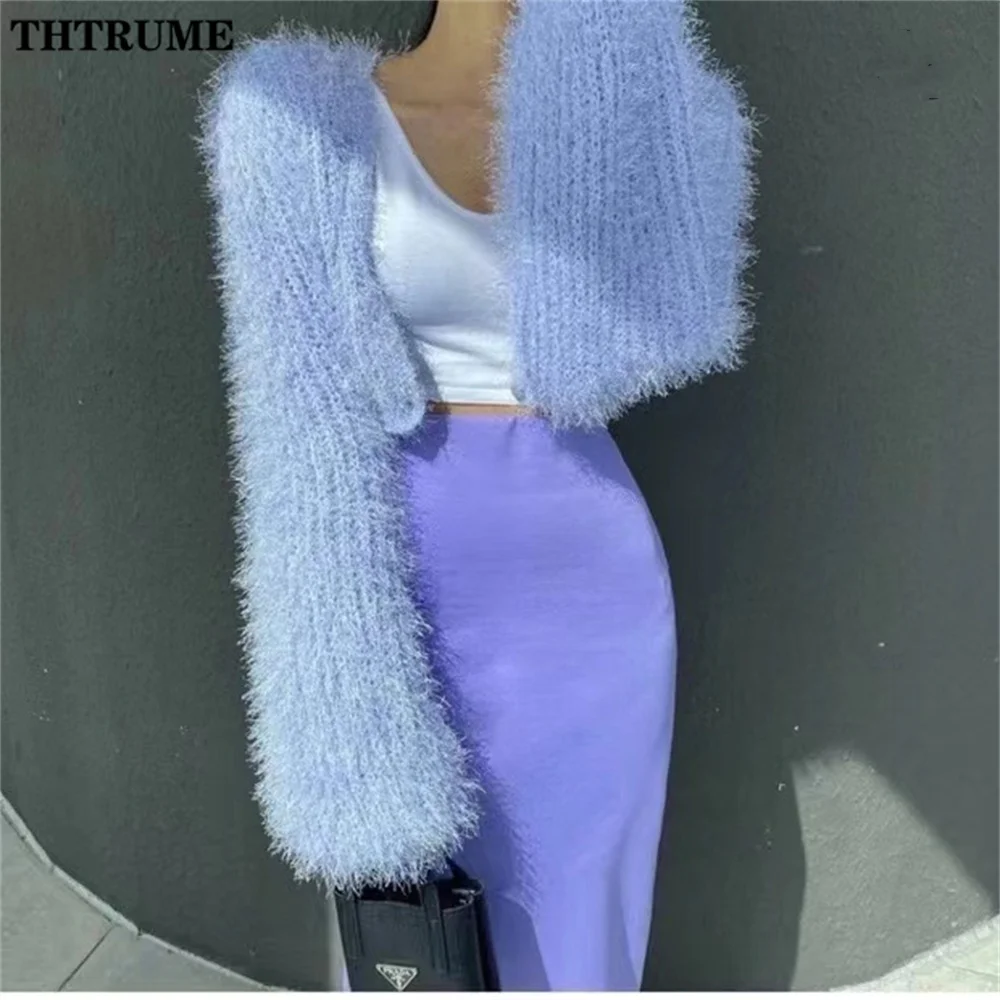 Sexy V-Neck Women Knit Sweaters Fashion Autumn Winter Warm Single Breasted Jumper Crop Tops Casual Solid Korean Fleece Cardigans