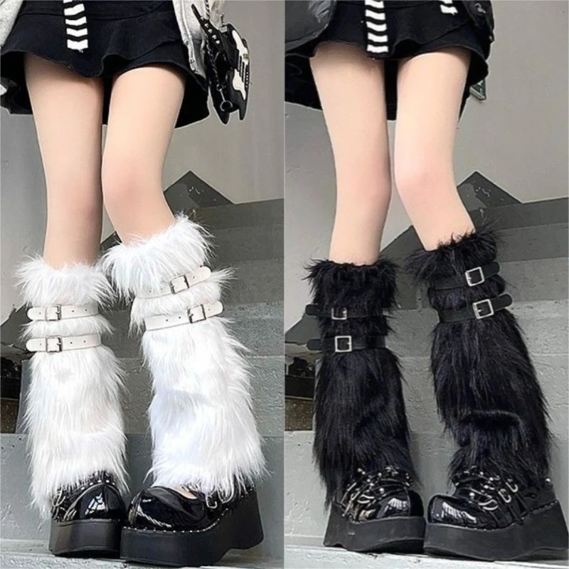 

Пушистые гетры для женщин в стиле Sweet Lolita с кожаными пряжками, плюшевые накладки на ноги, Y2K, для субкультуры Hottie, длинные носки JK, панк-готика, накладки на стопы