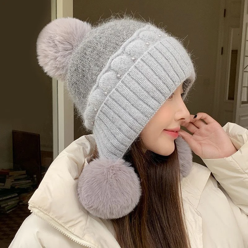 Gorro de lana para mujer, gorro cálido y cálido, protección para los oídos, acolchado, grueso, de punto, a prueba de frío, para invierno