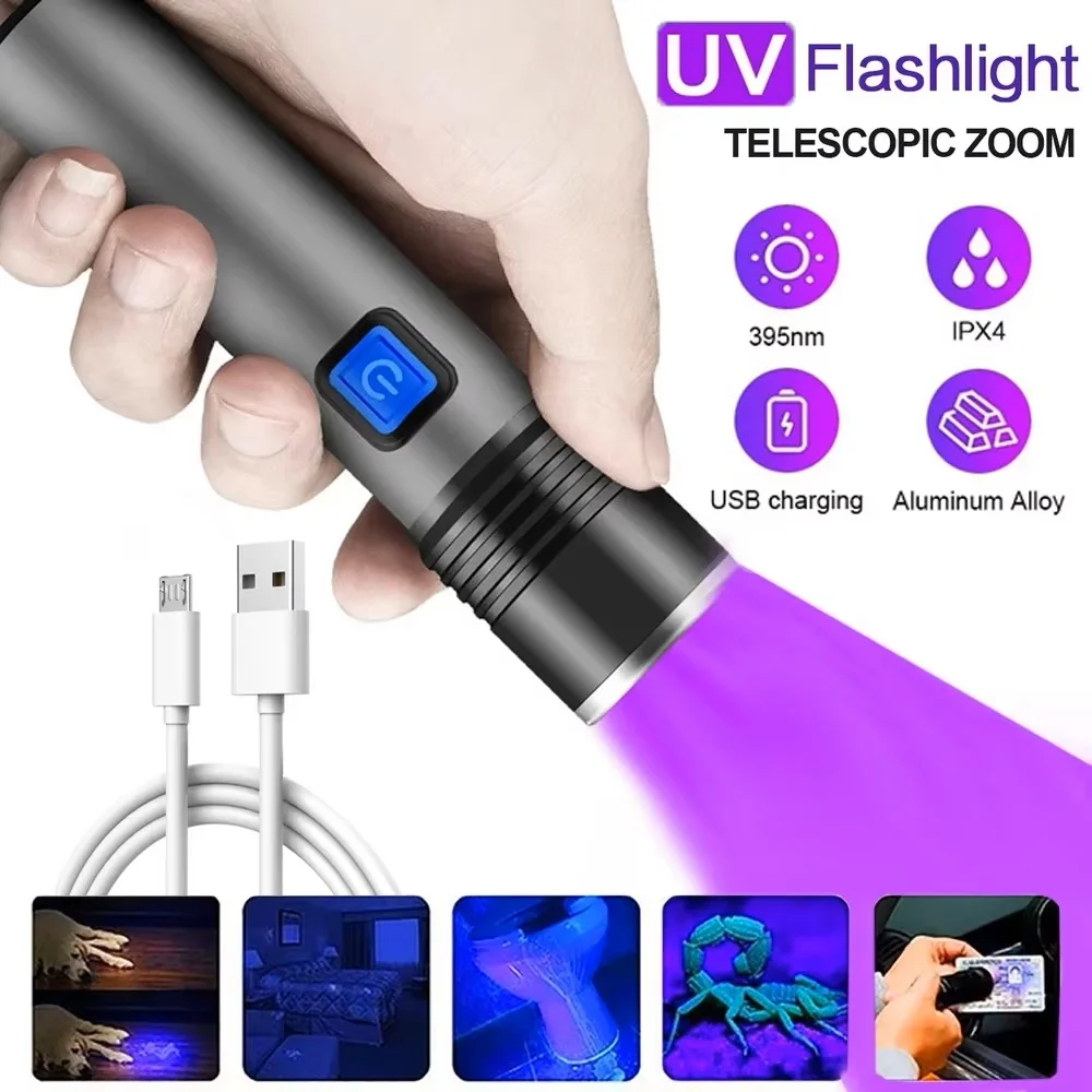 USB wiederaufladbare 365 nm UV-Taschenlampe, Aluminium, tragbare UV-Licht-Taschenlampe, Schwarzlicht, Haustier-Urin-Detektor, schwarze Taschenlampen