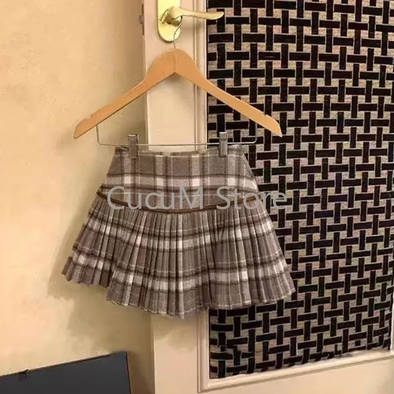 Japanese Style Retro Spicy Girl Plaid Pleated Skirt Autumn Winter College Style Woolen Mini Skirt High Waiste Sweet Kawaii Skirt