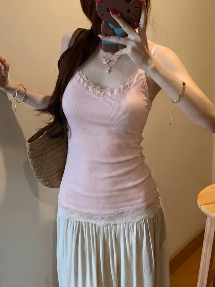 Sweet Pure V-neck Lace Trim Splice Women's Slim Fit Summer Versatile Pink Unique Beautiful Vest Commute Style Fashion Element