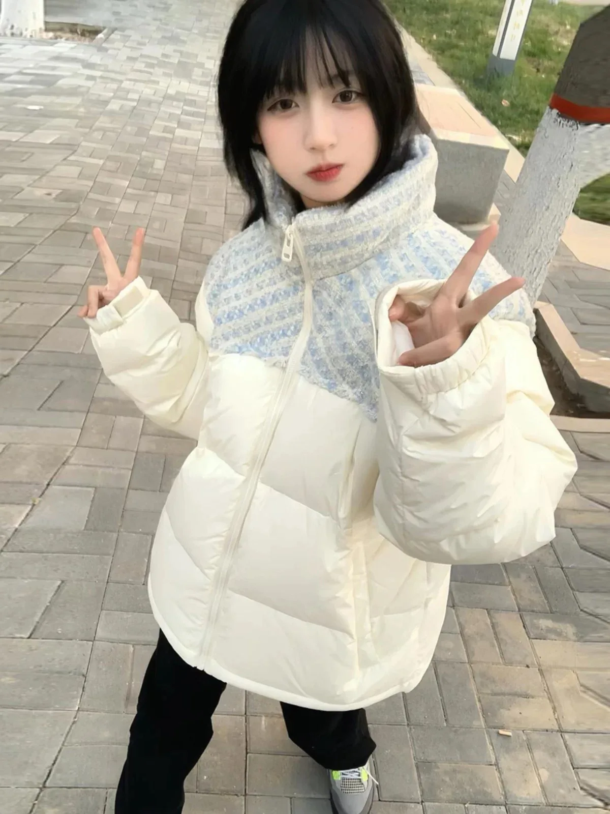 

Теплый парный пуховик в стиле пэчворк для женщин, модный, повседневный, в корейском стиле, свободного кроя, на молнии, из полиэстера