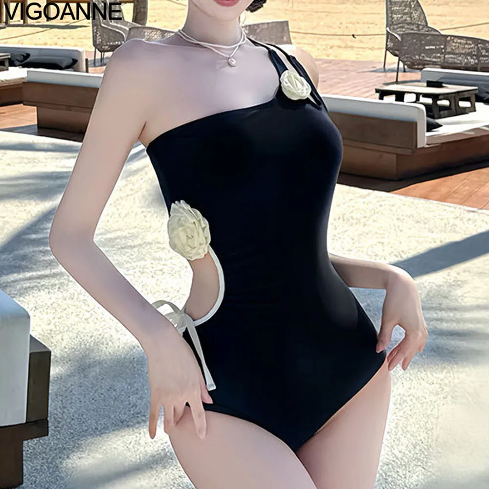 VigoAnne Women 2025 Black Swimwear Sexy One Shoulder Hollow One Piece Swimsuit Korean Push Up Monokini Summer Beach Bathing Suit