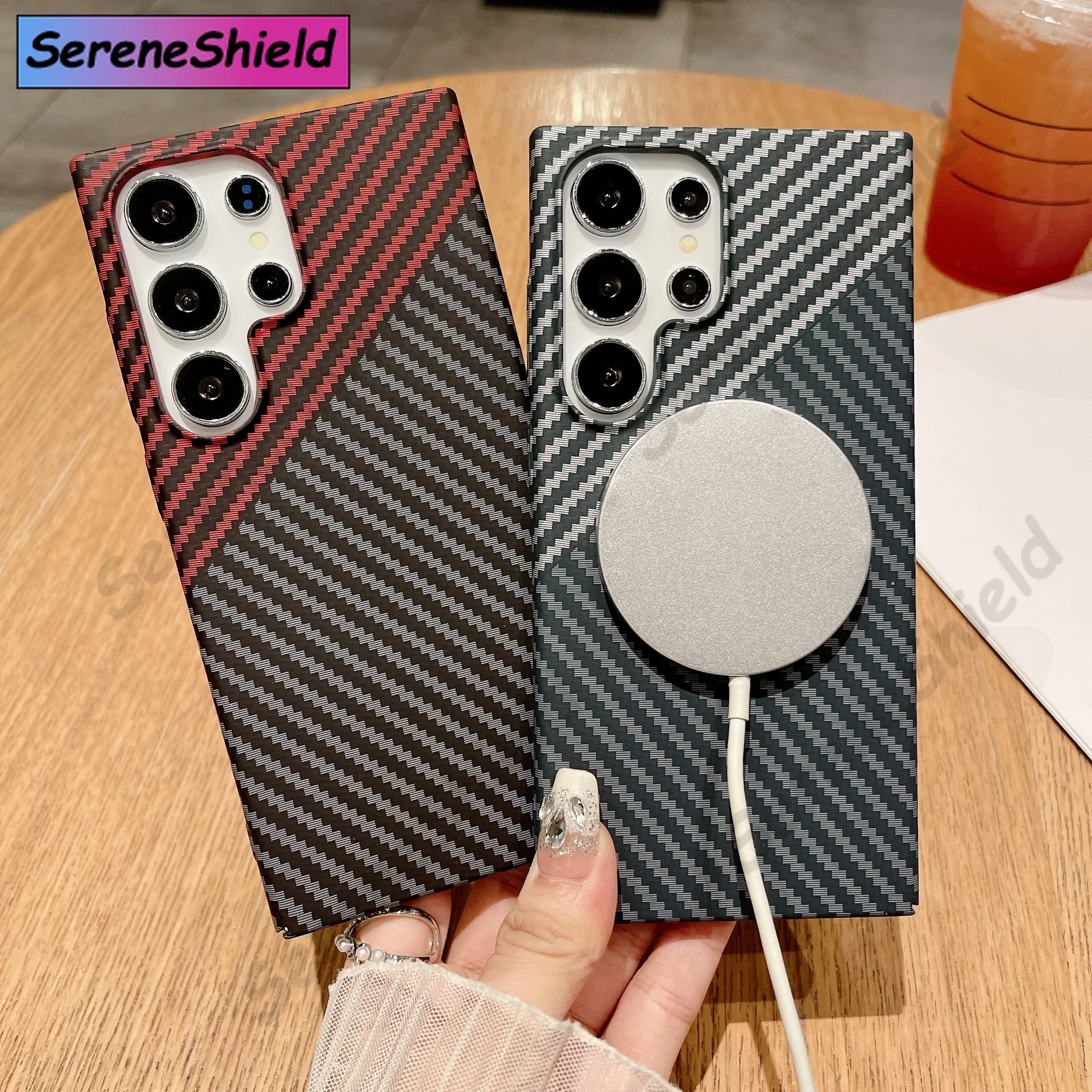Ultra Thin Carbon Fiber Texture Armor Magnetic For Magsafe Case For Samsung S25 S24 S23 S22 Note 20 Ultra 10 Plus Hard PC Cover - Image 3