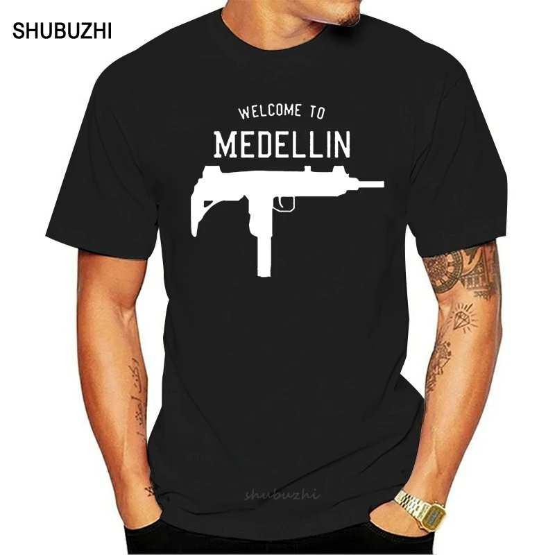 shubuzhi funny men t shirt shubuzhi Fashion funny casual Man Tops tees Welcome To Medellin Uzi  Gun City T-Shirt