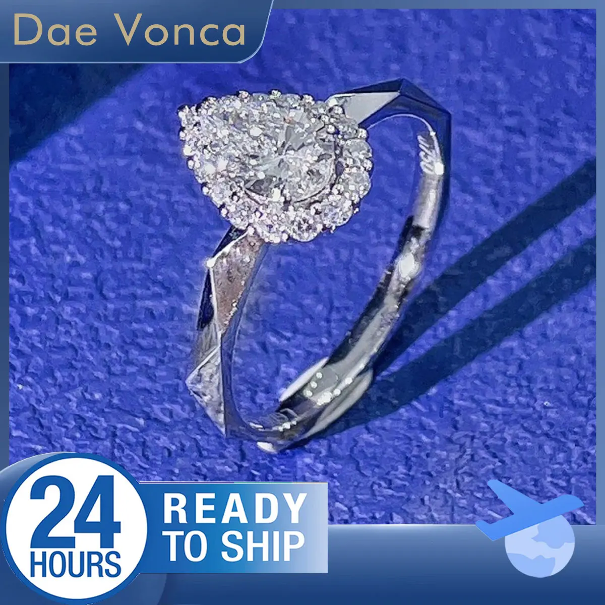 Pear Shaped Diamond Ring In 18K White Gold Faceted Band Lab Grown Diamond Ring Unique Shank Diamond Halo Ring For Engagement